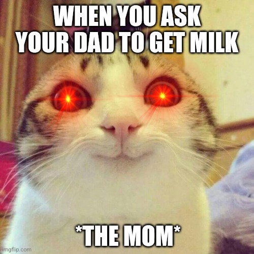 Smiling Cat Meme | WHEN YOU ASK YOUR DAD TO GET MILK; *THE MOM* | image tagged in memes,smiling cat | made w/ Imgflip meme maker