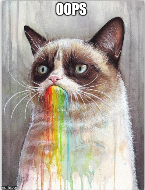 GRUMPY CAT EATS RAINBOWS | OOPS | image tagged in grumpy cat eats rainbows | made w/ Imgflip meme maker
