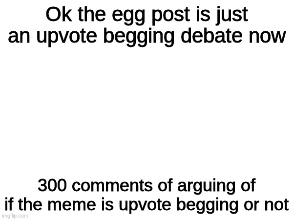 Ok the egg post is just an upvote begging debate now; 300 comments of arguing of if the meme is upvote begging or not | made w/ Imgflip meme maker