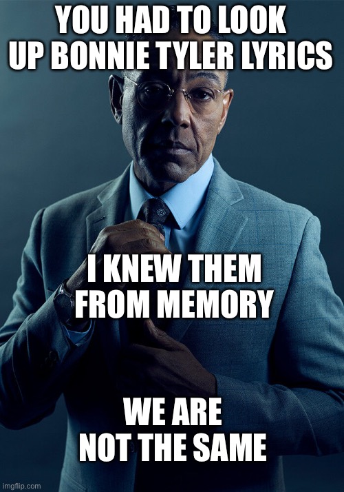 Nothing I could say | YOU HAD TO LOOK UP BONNIE TYLER LYRICS; I KNEW THEM FROM MEMORY; WE ARE NOT THE SAME | image tagged in gus fring we are not the same,total drama,eclipse,heart | made w/ Imgflip meme maker