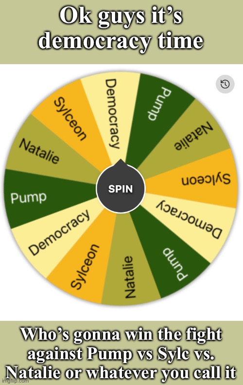 Yeah, just comment your vote rlly | Ok guys it’s democracy time; Who’s gonna win the fight against Pump vs Sylc vs. Natalie or whatever you call it | image tagged in i am very lonely,if nobody answers i might aswell just spin the wheel,again,balls | made w/ Imgflip meme maker