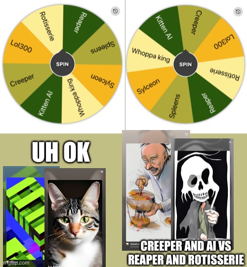 Either chance or democracy | UH OK; CREEPER AND AI VS REAPER AND ROTISSERIE | image tagged in balls,arena | made w/ Imgflip meme maker