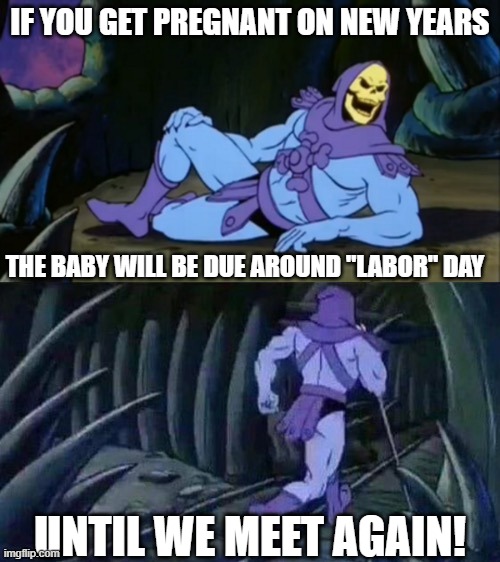 Skeletor disturbing facts | IF YOU GET PREGNANT ON NEW YEARS; THE BABY WILL BE DUE AROUND "LABOR" DAY; UNTIL WE MEET AGAIN! | image tagged in skeletor disturbing facts | made w/ Imgflip meme maker