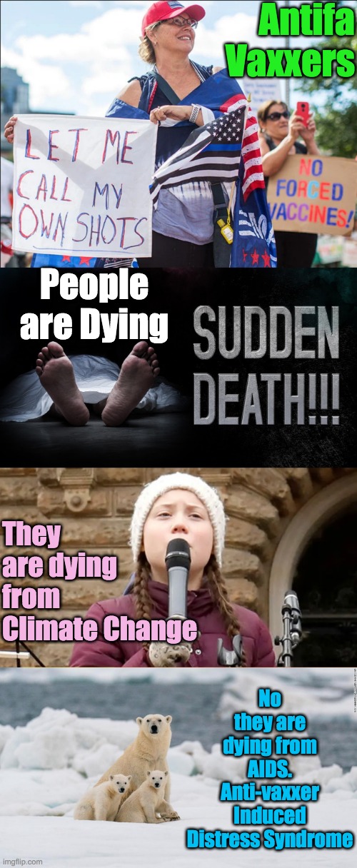 Two views as to Why it's Happening | Antifa Vaxxers; People are Dying; No they are dying from AIDS.
Anti-vaxxer Induced Distress Syndrome; They are dying from Climate Change | image tagged in greta leftard,climate change,aids,sudden death syndrome | made w/ Imgflip meme maker