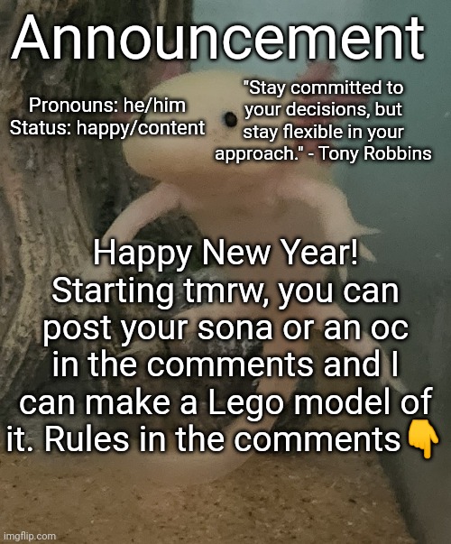 Announcement; "Stay committed to your decisions, but stay flexible in your approach." - Tony Robbins; Pronouns: he/him
Status: happy/content; Happy New Year! Starting tmrw, you can post your sona or an oc in the comments and I can make a Lego model of it. Rules in the comments👇 | image tagged in furries,art | made w/ Imgflip meme maker