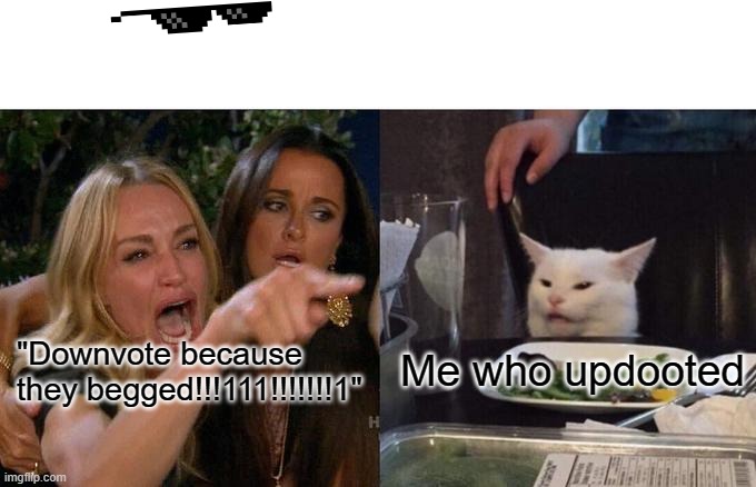 "Downvote because they begged!!!111!!!!!!!1" Me who updooted | image tagged in memes,woman yelling at cat | made w/ Imgflip meme maker