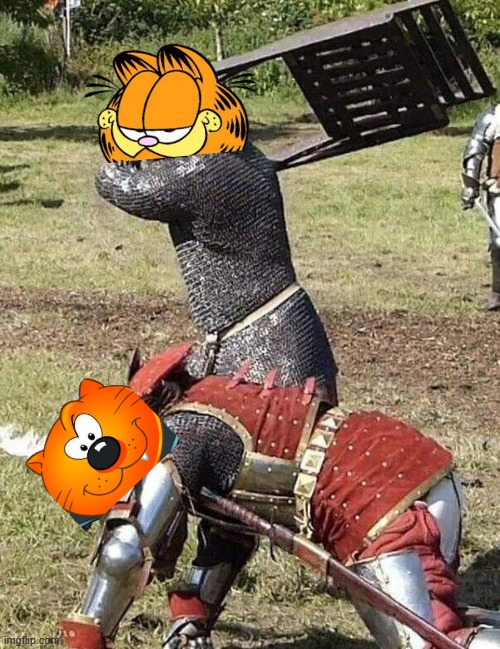 garfield and heathcliff chair fight | image tagged in knight knight chair fight,cats,garfield,fight | made w/ Imgflip meme maker