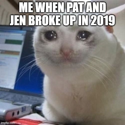 Crying cat | ME WHEN PAT AND JEN BROKE UP IN 2019 | image tagged in crying cat,memes | made w/ Imgflip meme maker