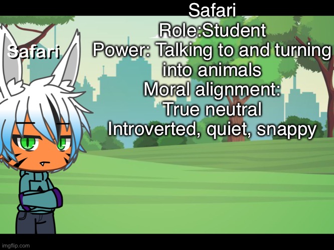 Safari- | Safari
Role:Student
Power: Talking to and turning into animals
Moral alignment: True neutral
Introverted, quiet, snappy | image tagged in lol | made w/ Imgflip meme maker