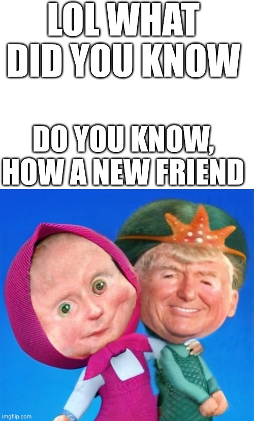 Lol | LOL WHAT DID YOU KNOW; DO YOU KNOW, HOW A NEW FRIEND | image tagged in memes,blank transparent square,friends,friendship,funny memes | made w/ Imgflip meme maker