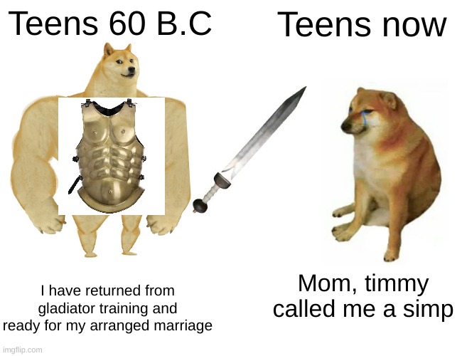 Buff Doge vs. Cheems | Teens 60 B.C; Teens now; I have returned from gladiator training and ready for my arranged marriage; Mom, timmy called me a simp | image tagged in memes,buff doge vs cheems | made w/ Imgflip meme maker