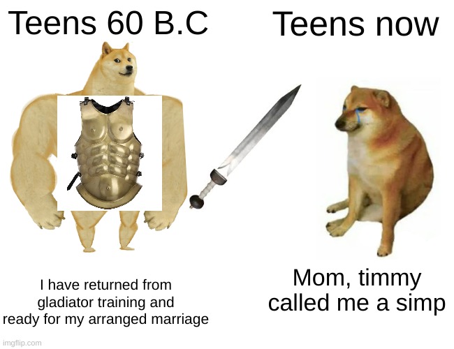 Buff Doge vs. Cheems Meme | Teens 60 B.C; Teens now; I have returned from gladiator training and ready for my arranged marriage; Mom, timmy called me a simp | image tagged in memes,buff doge vs cheems | made w/ Imgflip meme maker