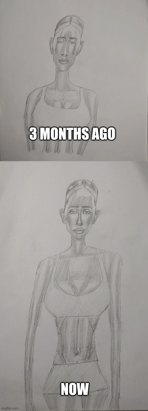 My Art Improvement (Drawing Of A Jezebel) | 3 MONTHS AGO; NOW | image tagged in art,sketch,drawing,redraw,jezebel,gymgirl | made w/ Imgflip meme maker
