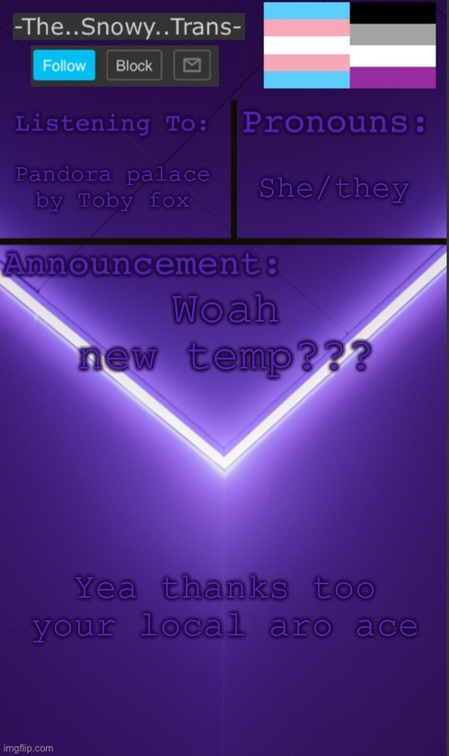 Also might come out soon idk | She/they; Pandora palace by Toby fox; Woah new temp??? Yea thanks too your local aro ace | image tagged in oh wow are you actually reading these tags | made w/ Imgflip meme maker