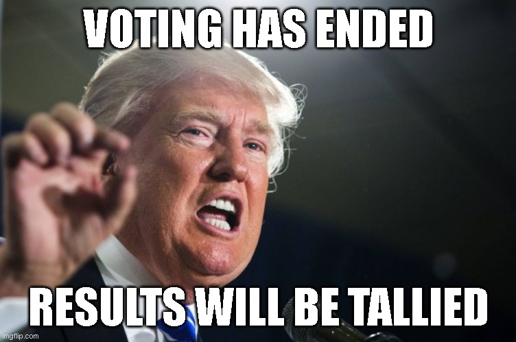 donald trump | VOTING HAS ENDED; RESULTS WILL BE TALLIED | image tagged in donald trump | made w/ Imgflip meme maker