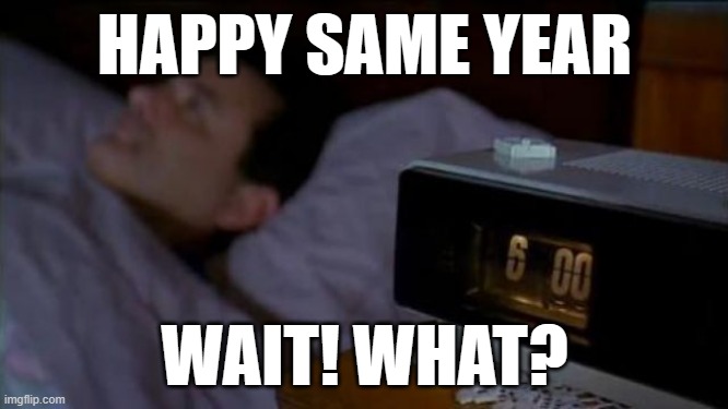deja vu all over again | HAPPY SAME YEAR; WAIT! WHAT? | image tagged in groundhog day | made w/ Imgflip meme maker
