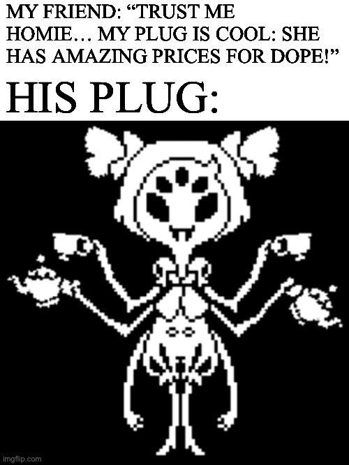 Spider Coke | MY FRIEND: “TRUST ME HOMIE… MY PLUG IS COOL: SHE HAS AMAZING PRICES FOR DOPE!”; HIS PLUG: | image tagged in undertale,drugs,plug,drug dealer,spider,spiders | made w/ Imgflip meme maker