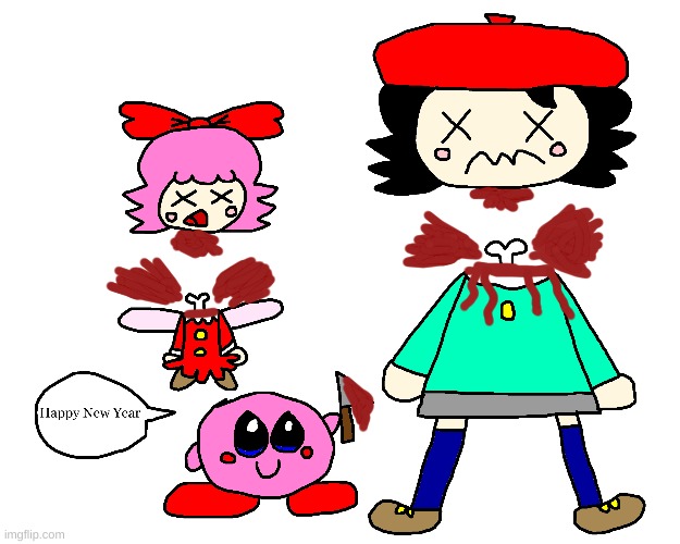 Kirby murdered Adeleine and Ribbon for the Happy New Year Celebration | image tagged in kirby,adeleine,ribbon,gore,blood,funny | made w/ Imgflip meme maker