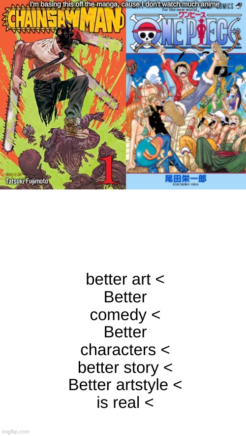 I'm basing this off the manga, cause I don't watch much anime; better art <
Better comedy <
Better characters <
better story <
Better artstyle <
is real < | image tagged in memes,blank transparent square | made w/ Imgflip meme maker