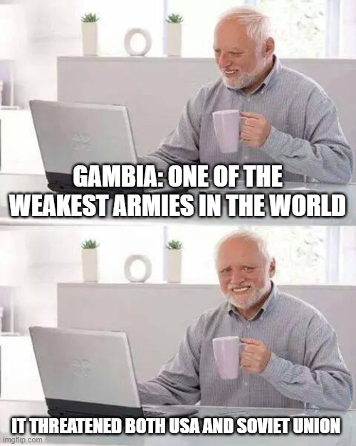 Hide the Pain Harold | GAMBIA: ONE OF THE WEAKEST ARMIES IN THE WORLD; IT THREATENED BOTH USA AND SOVIET UNION | image tagged in memes,hide the pain harold | made w/ Imgflip meme maker