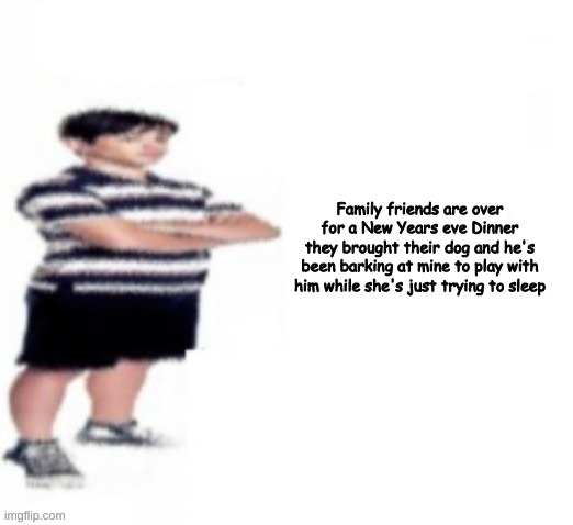 Greg Heffley | Family friends are over for a New Years eve Dinner
they brought their dog and he's been barking at mine to play with him while she's just trying to sleep | image tagged in greg heffley | made w/ Imgflip meme maker