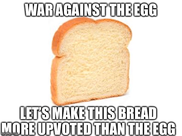 I declare war (please help me in this battle) | WAR AGAINST THE EGG; LET’S MAKE THIS BREAD MORE UPVOTED THAN THE EGG | image tagged in memes,funny,fun,bread | made w/ Imgflip meme maker