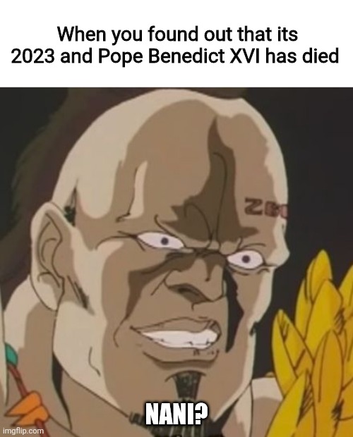 RIP Pope | When you found out that its 2023 and Pope Benedict XVI has died; NANI? | image tagged in nani,rip,pope | made w/ Imgflip meme maker