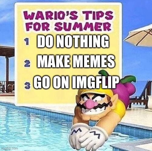 Warios tips for summer | MAKE MEMES; DO NOTHING; GO ON IMGFLIP | image tagged in warios tips for summer,wario,imgflip | made w/ Imgflip meme maker
