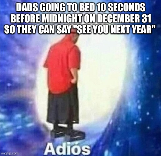 Adios | DADS GOING TO BED 10 SECONDS BEFORE MIDNIGHT ON DECEMBER 31 SO THEY CAN SAY "SEE YOU NEXT YEAR" | image tagged in adios | made w/ Imgflip meme maker