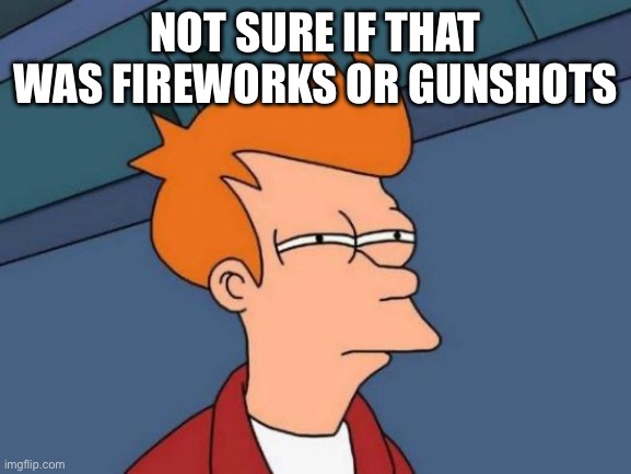 Happy new years btw | NOT SURE IF THAT WAS FIREWORKS OR GUNSHOTS | image tagged in memes,futurama fry | made w/ Imgflip meme maker