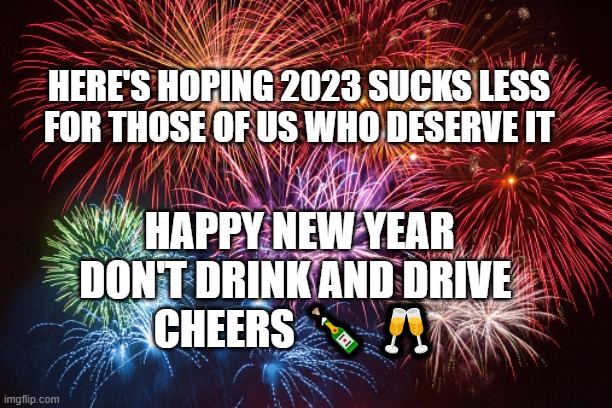 Happy New Year | HERE'S HOPING 2023 SUCKS LESS
FOR THOSE OF US WHO DESERVE IT; HAPPY NEW YEAR
DON'T DRINK AND DRIVE 
CHEERS 🍾 🥂 | image tagged in new year | made w/ Imgflip meme maker