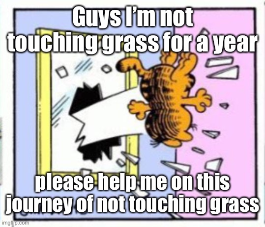 Garfield gets thrown out of a window | Guys I’m not touching grass for a year; please help me on this journey of not touching grass | image tagged in garfield gets thrown out of a window | made w/ Imgflip meme maker