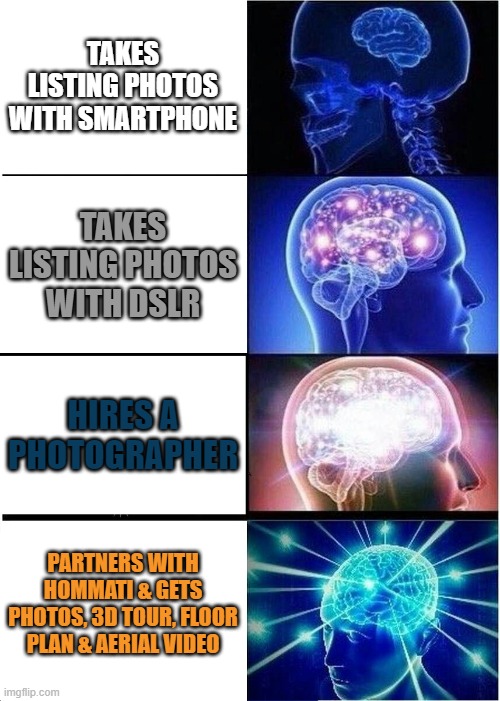 HIRE HOMMATI | TAKES LISTING PHOTOS WITH SMARTPHONE; TAKES LISTING PHOTOS WITH DSLR; HIRES A PHOTOGRAPHER; PARTNERS WITH HOMMATI & GETS PHOTOS, 3D TOUR, FLOOR PLAN & AERIAL VIDEO | image tagged in memes,expanding brain | made w/ Imgflip meme maker