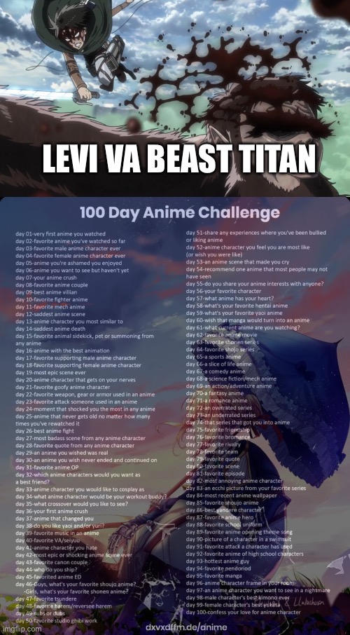 Day 26: a w scene | LEVI VA BEAST TITAN | image tagged in 100 day anime challenge | made w/ Imgflip meme maker