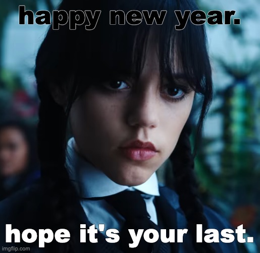 wednesday. | happy new year. hope it's your last. | image tagged in wednesday | made w/ Imgflip meme maker