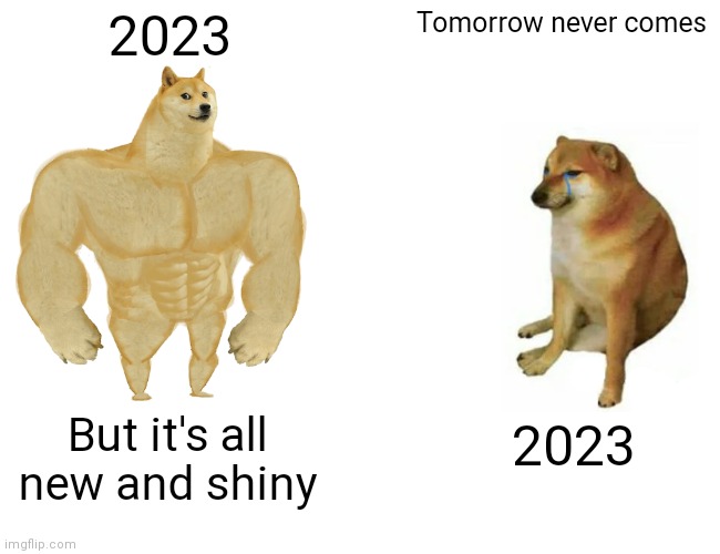 Happy New Year | 2023; Tomorrow never comes; 2023; But it's all new and shiny | image tagged in memes,buff doge vs cheems | made w/ Imgflip meme maker