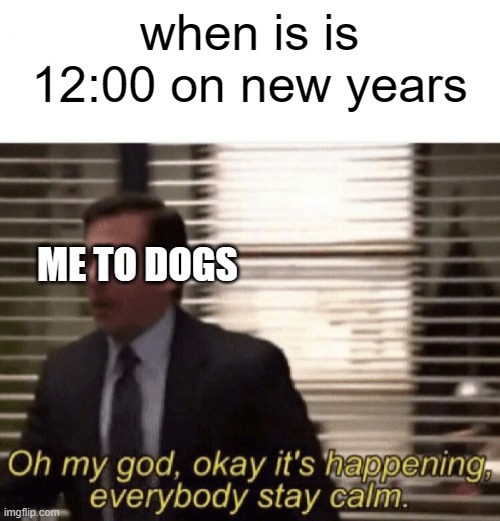 HAPPY NEW YEAR | when is is 12:00 on new years; ME TO DOGS | image tagged in oh my god okay it's happening everybody stay calm,happy new year | made w/ Imgflip meme maker