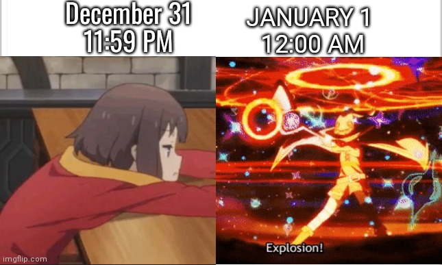 Happy New Year! | December 31
11:59 PM; JANUARY 1 
12:00 AM | image tagged in konosuba,megumin,happy new year | made w/ Imgflip meme maker