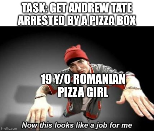 Andrew Tate’s pizza arrest | TASK: GET ANDREW TATE ARRESTED BY A PIZZA BOX; 19 Y/O ROMANIAN PIZZA GIRL | image tagged in now this looks like a job for me | made w/ Imgflip meme maker
