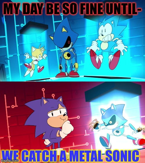 Metal Has a Hard Day | MY DAY BE SO FINE UNTIL-; WE CATCH A METAL SONIC | image tagged in sonic the hedgehog | made w/ Imgflip meme maker