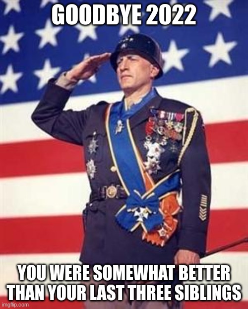 happy new year b*tches | GOODBYE 2022; YOU WERE SOMEWHAT BETTER THAN YOUR LAST THREE SIBLINGS | image tagged in patton salutes you | made w/ Imgflip meme maker