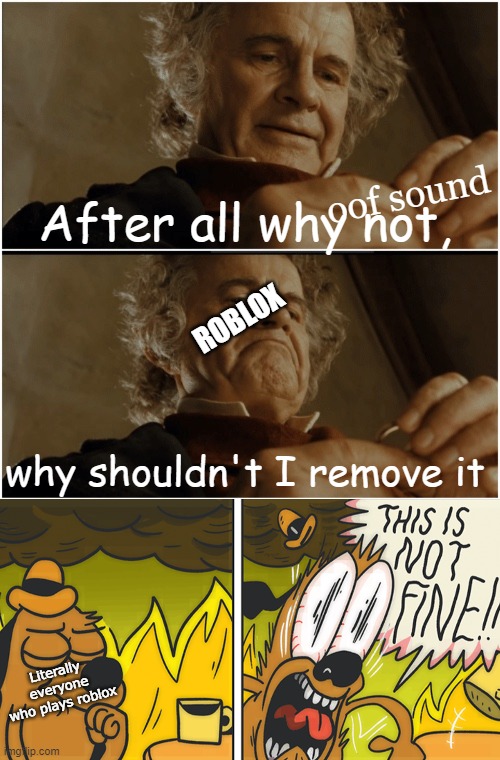 true facts | After all why not, oof sound; ROBLOX; why shouldn't I remove it; Literally everyone who plays roblox | image tagged in bilbo - why shouldn t i keep it,this is not fine | made w/ Imgflip meme maker