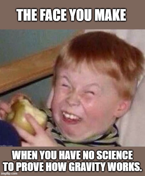 Gravity Face 2 | THE FACE YOU MAKE; WHEN YOU HAVE NO SCIENCE TO PROVE HOW GRAVITY WORKS. | image tagged in gravity,flat earth | made w/ Imgflip meme maker