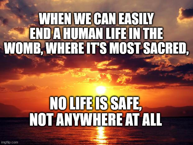 Sunset |  WHEN WE CAN EASILY END A HUMAN LIFE IN THE WOMB, WHERE IT'S MOST SACRED, NO LIFE IS SAFE, NOT ANYWHERE AT ALL | image tagged in sunset | made w/ Imgflip meme maker