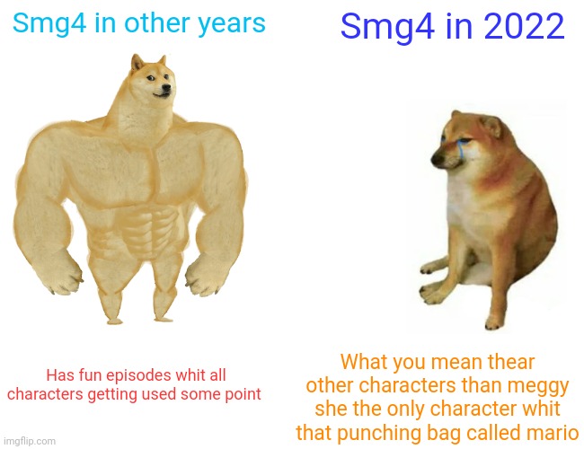 No offense to Luke or Kevin just a meme ( it is true also HAPPY NEW YEAR ) | Smg4 in other years; Smg4 in 2022; Has fun episodes whit all characters getting used some point; What you mean thear other characters than meggy she the only character whit that punching bag called mario | image tagged in memes,buff doge vs cheems,smg4 | made w/ Imgflip meme maker