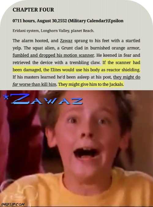 I love the fact that they go out of their way to give him a name. They only have him in less than half a page | image tagged in lizzie's brother screaming,scared kid,disney channel,gaming,halo,funny | made w/ Imgflip meme maker