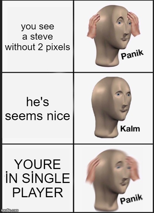 Panik Kalm Panik Meme | you see a steve without 2 pixels; he's seems nice; YOURE İN SİNGLE PLAYER | image tagged in memes,panik kalm panik | made w/ Imgflip meme maker