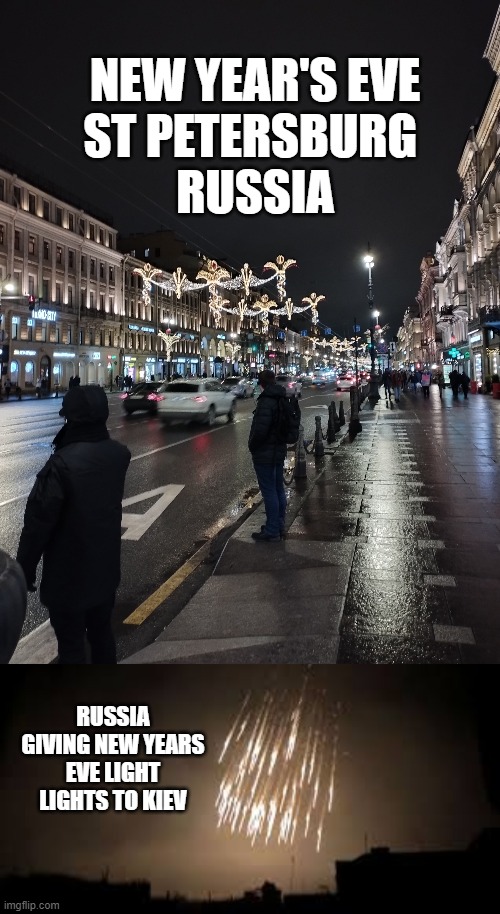 NEW YEAR'S EVE
ST PETERSBURG 
RUSSIA; RUSSIA GIVING NEW YEARS EVE LIGHT LIGHTS TO KIEV | image tagged in new year party | made w/ Imgflip meme maker