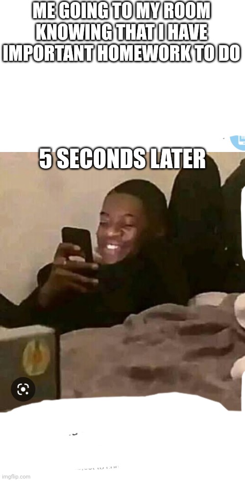 ME GOING TO MY ROOM KNOWING THAT I HAVE IMPORTANT HOMEWORK TO DO; 5 SECONDS LATER | image tagged in memes | made w/ Imgflip meme maker