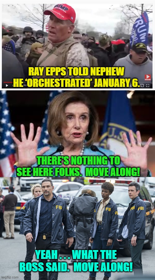 Run Nancy . . . because the truth might surface. | RAY EPPS TOLD NEPHEW HE ‘ORCHESTRATED’ JANUARY 6. THERE'S NOTHING TO SEE HERE FOLKS.  MOVE ALONG! YEAH . . . WHAT THE BOSS SAID.  MOVE ALONG! | image tagged in epps | made w/ Imgflip meme maker